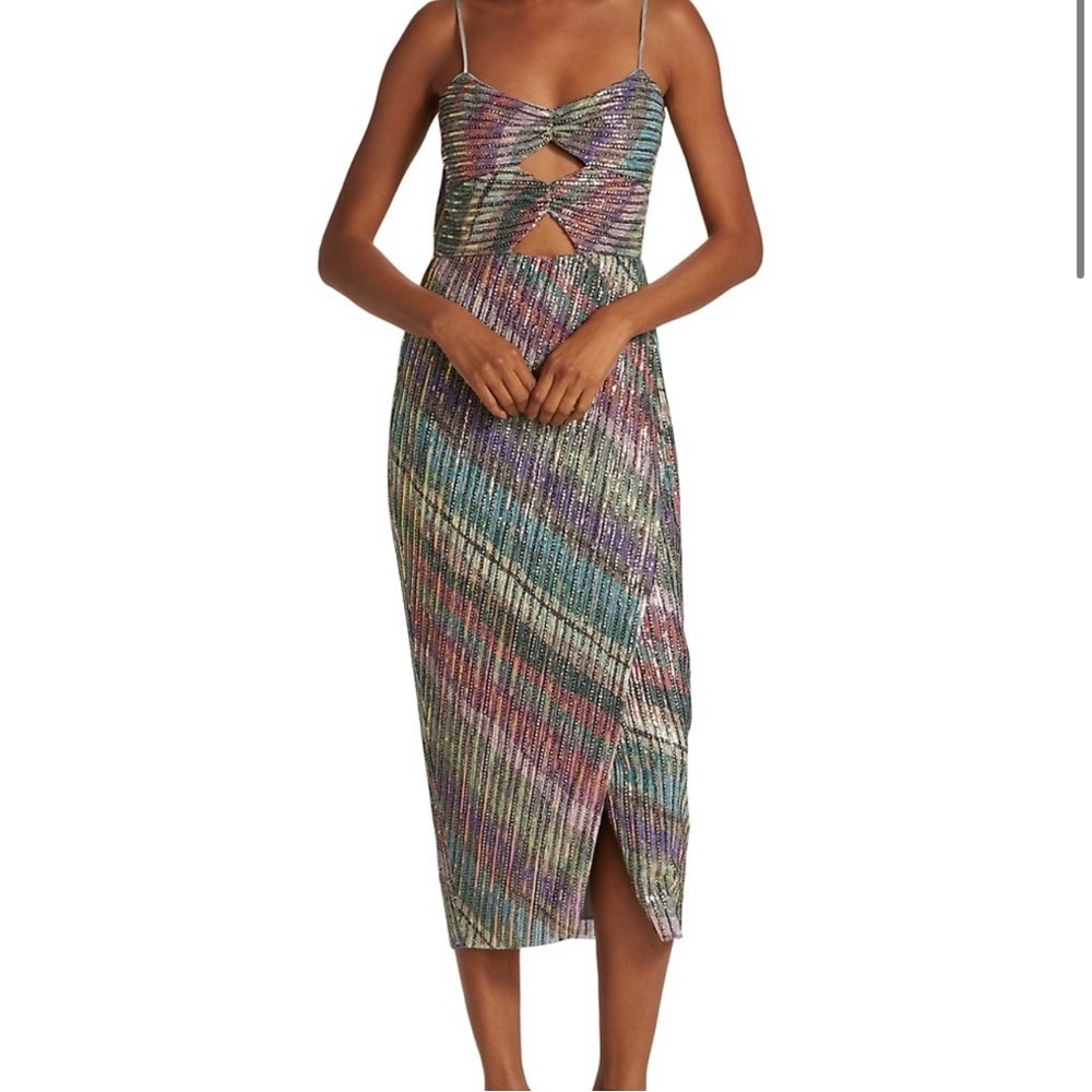 Saylor Lissandra Sequined Midi Dress Rainbow Double Cutout Spaghetti Strap XS C9 - Picture 2 of 11